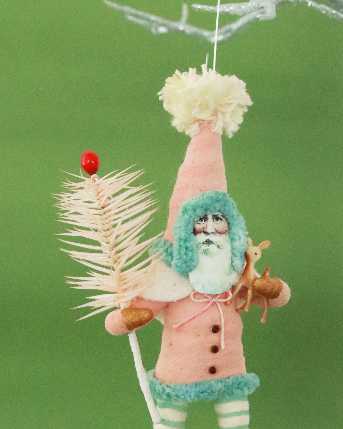 オーナメント Pink Santa With Fawn & Goose Feather Sprig