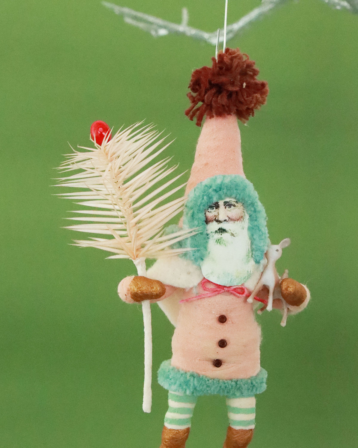 オーナメント Pink Santa With Fawn & Goose Feather Sprig