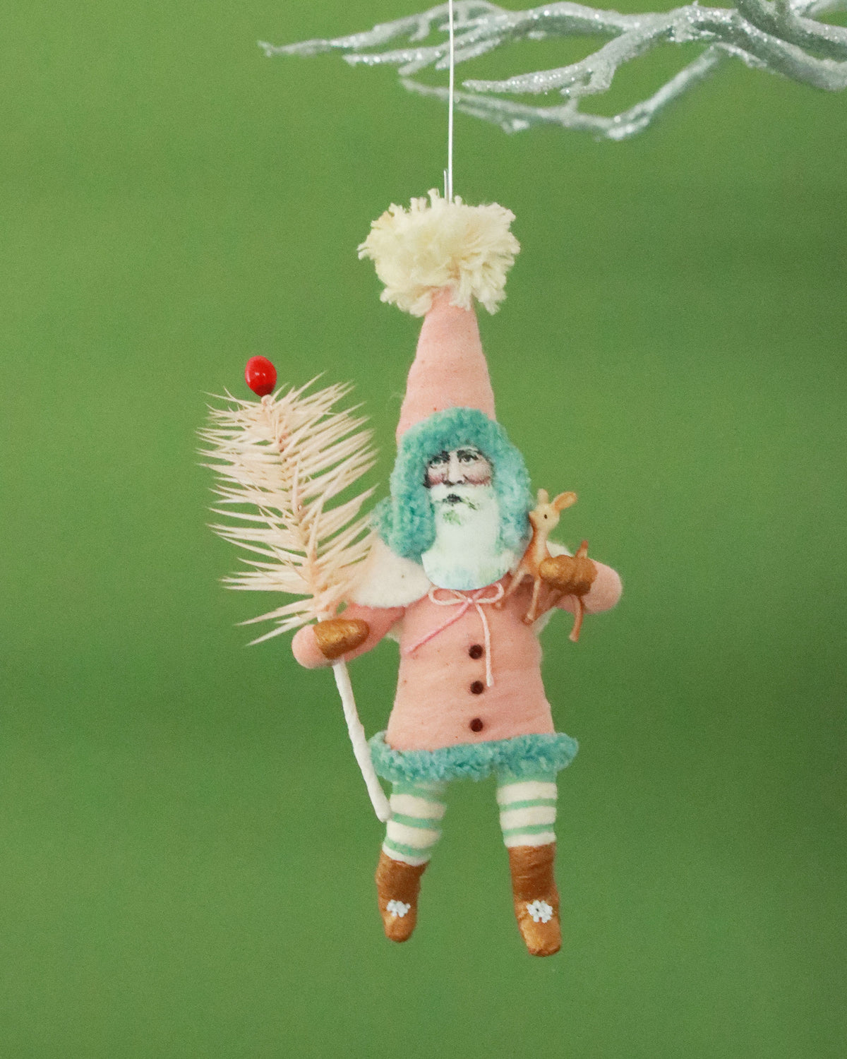 オーナメント Pink Santa With Fawn & Goose Feather Sprig