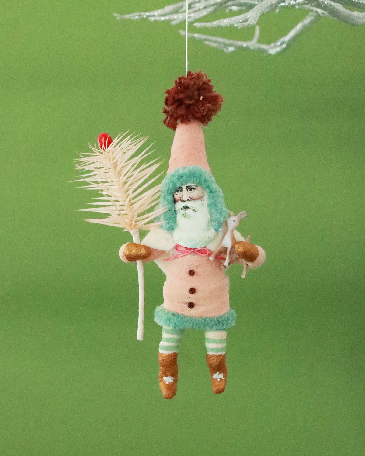 オーナメント Pink Santa With Fawn & Goose Feather Sprig